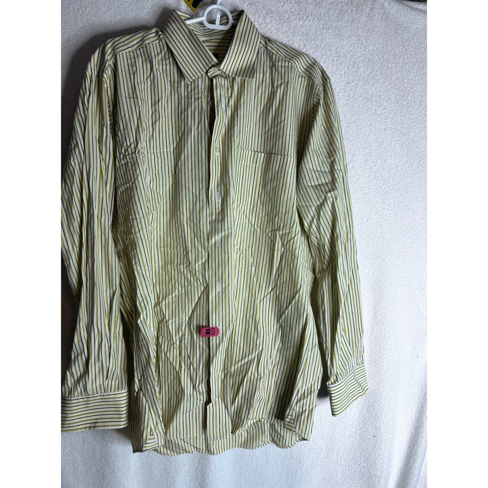 Ike Behar NY Mens Dress Shirt 16-36 cream w/Green Black Striped 100% Cotton Peru